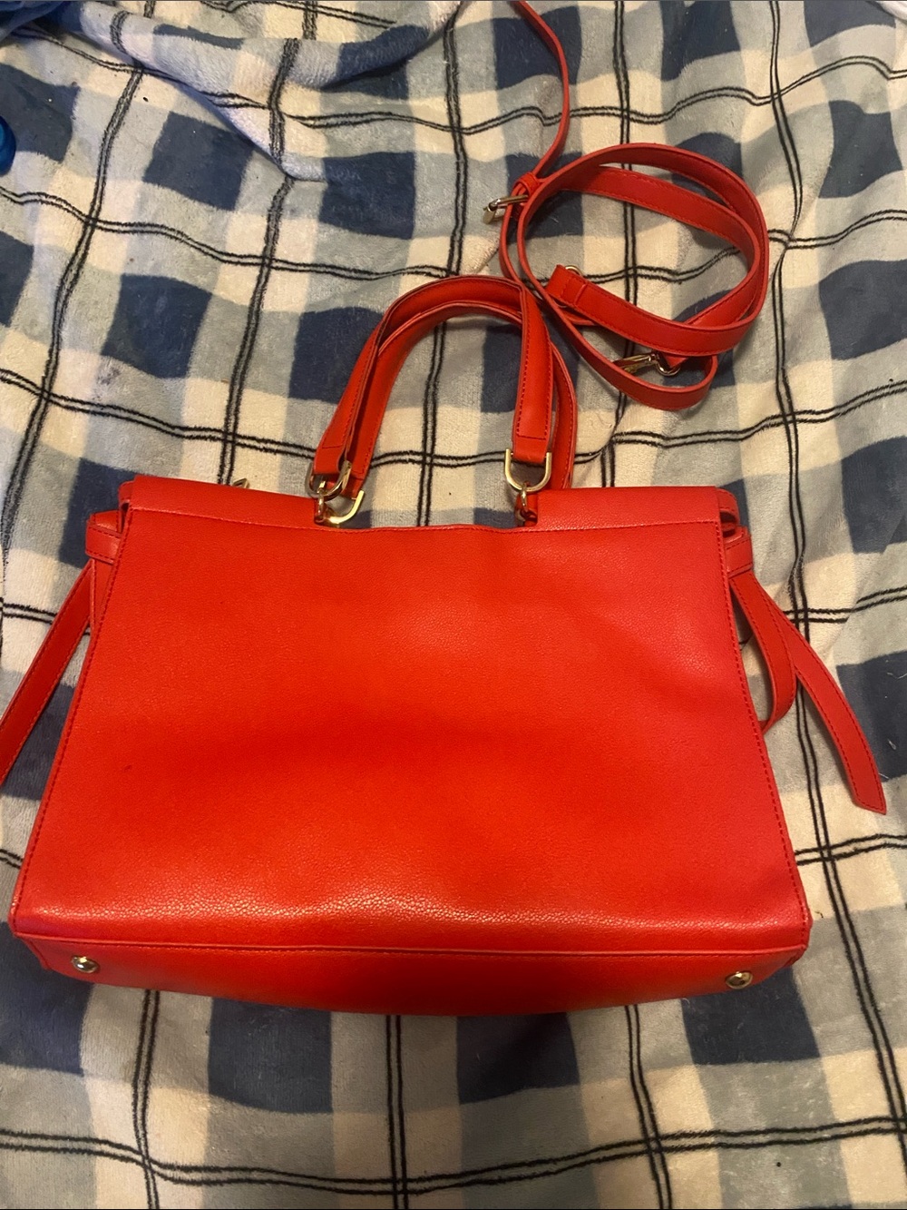 Classic Red Vegan Leather Satchel with Top Handles and Detachable Strap